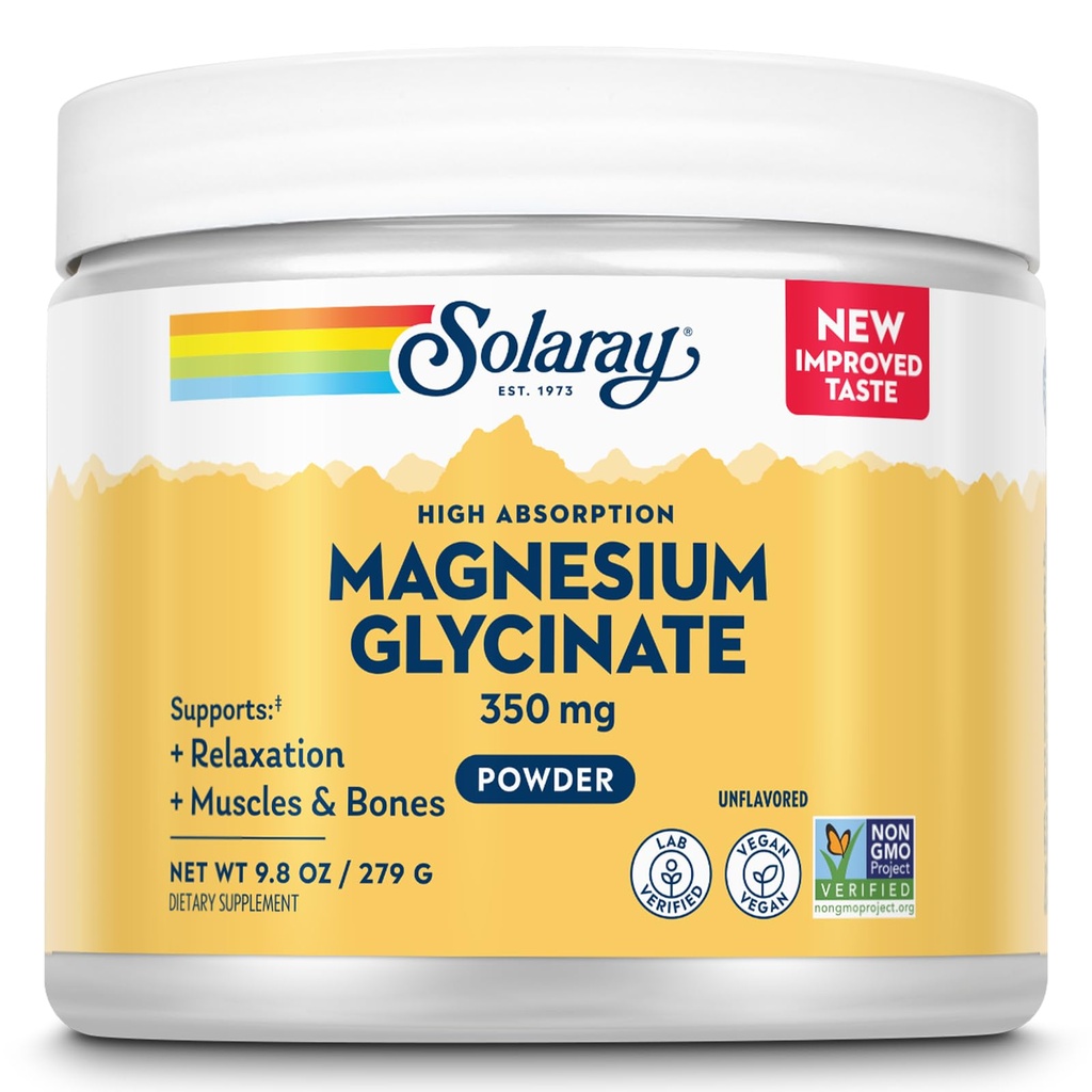 SOLARAY Magnesium Glycinat Pulver 350 mg - Unflavored Magnesium Powder - Magnesium Supplement für Knochen, Muskel und Entspannung Unterstützung - Vegan, Non-GMO, 60-Day Garantie - 50 Servietten, 6 OZ