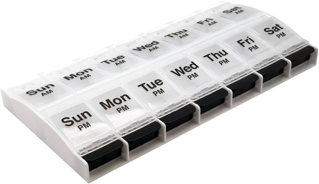 EZY DOSE Push Button (7-Day) Pille Case, Medizin Planner, Vitamin Organizer, 2 Mal pro Tag, AM/PM Container, X-Large Compartments, Arthritis Friendly, Einfach zu bedienen, Klare Lids, Klar/Schwarz, BPA Kostenlos