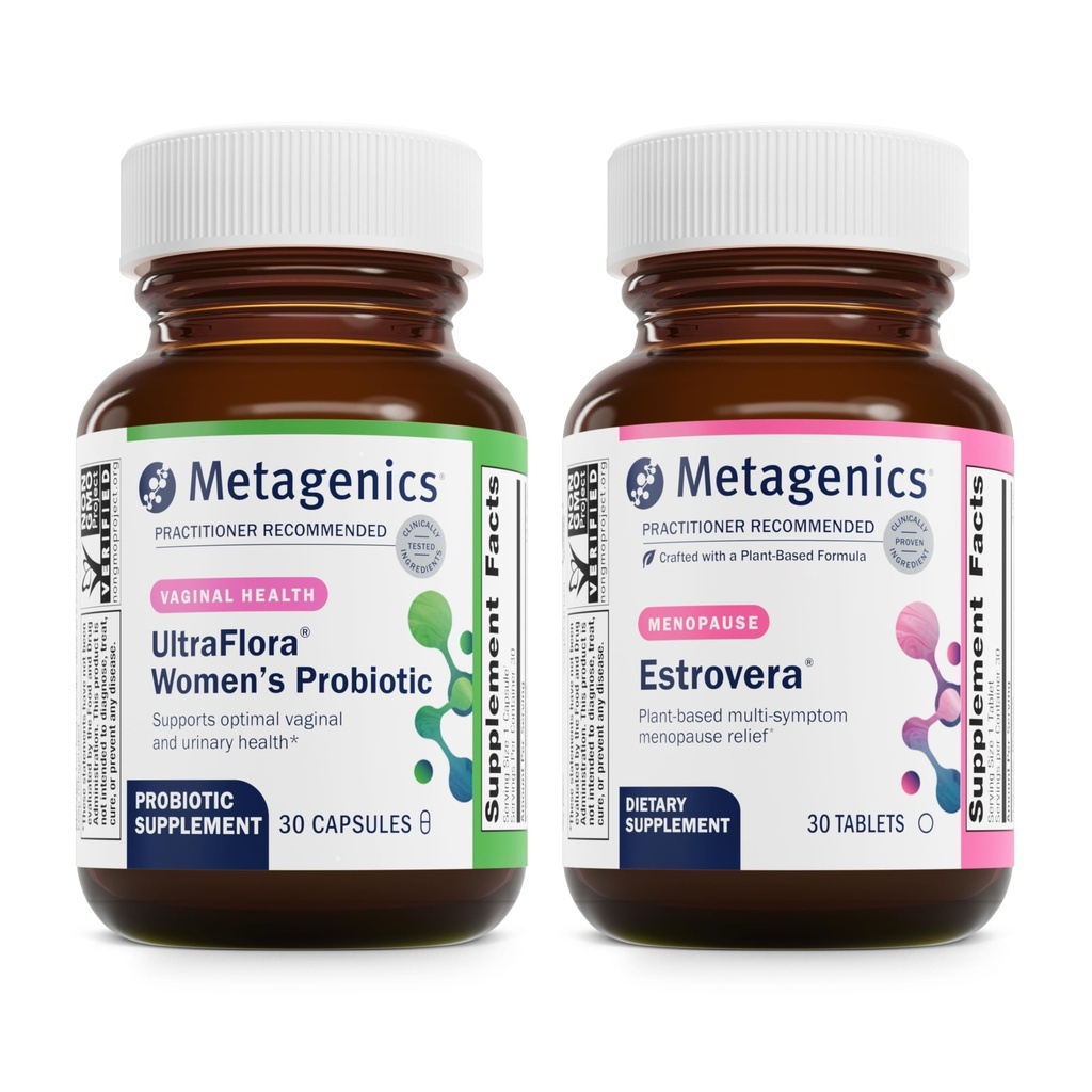 Bundle Métagénique - UltraFlora Women's & HerWellness Estrovera - 30 comtes d'UltraFlora Women's pour la santé vaginale - 30 comprimés d'Estrovera pour les flashs chauds, le soulagement de la ménopause et la sueur nocturne