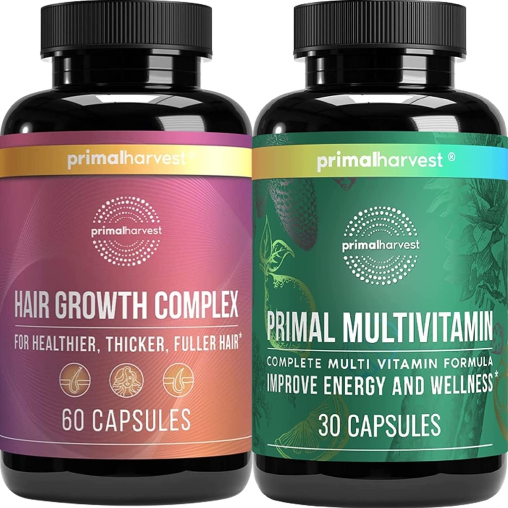 Primal Harvest Haarwachstum & Multivitamin Ergänzungen für Frauen und Männer Multi Vitamin Kapseln und Haar Regrowth Complex Pillen Bundle