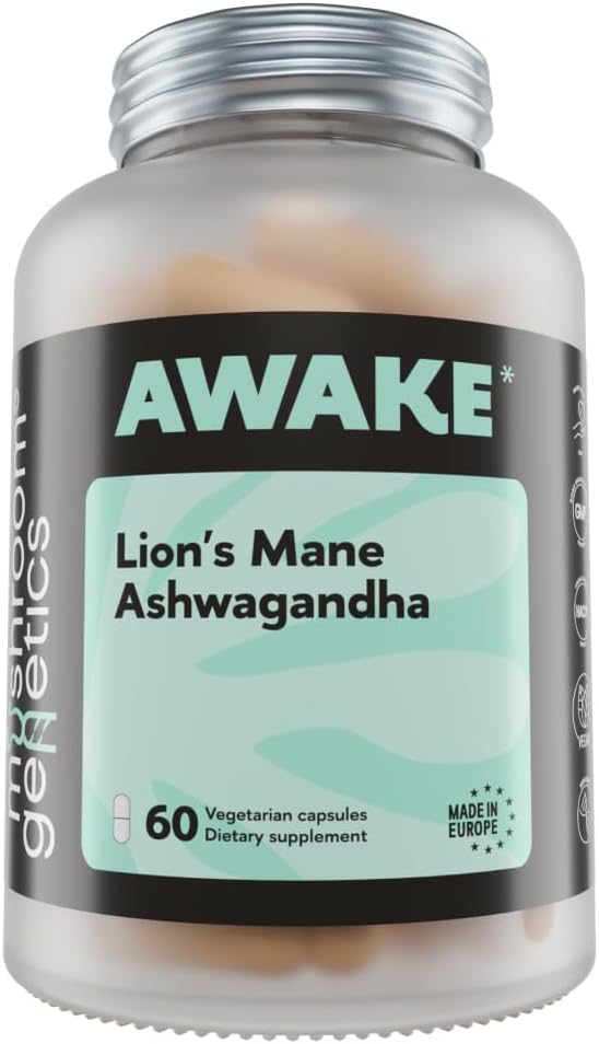 Mushroom Genetics Lions Mane & Ashwagandha Ergänzung Kapseln - Nootropic Pilz für Gehirn, Gedächtnis & Stress Relief | Fruchtkörper & Ashwagandha Wurzel für Fokus, Energie & Wellness | 60 Kapseln