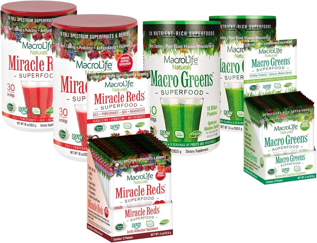 MacroLife Survivor 6-Count Bundle, 2 Macro Greens 10oz +1 Paket Box (12ct), 2 Miracle Reds 10oz +1 Paket Box (12ct)