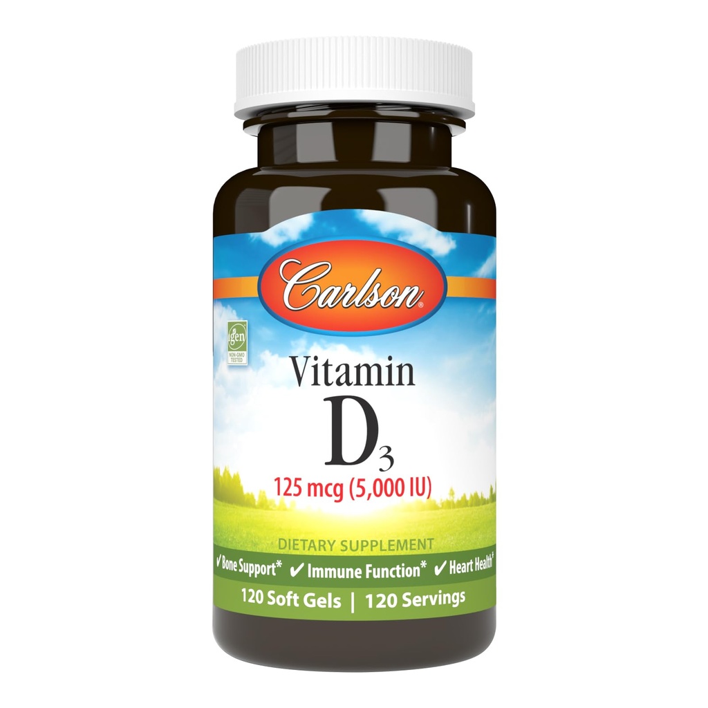 Carlson - Vitamine D3 5000 UI (125 mcg), Santé des os, Santé des muscles, Cholecalciferol, Suppléments de vitamine D, Gels souples de vitamine D3, 120 Softgels