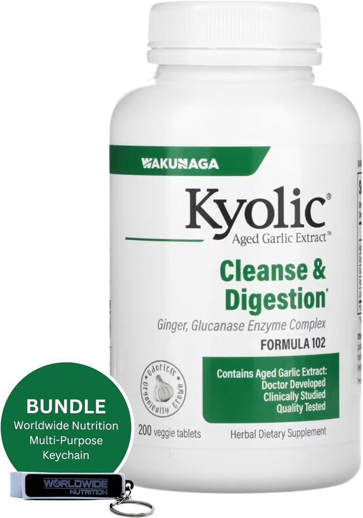 Weltweite Ernährung Bundle: Kyolic Aged Knoblauch Extrakt 200 Veggie Tabletten Formel 102 Sauber & Verdauung - angereichert mit Knoblauch Ginger Supplement - 200 Zähler mit Multi-Purpose Schlüsselanhänger