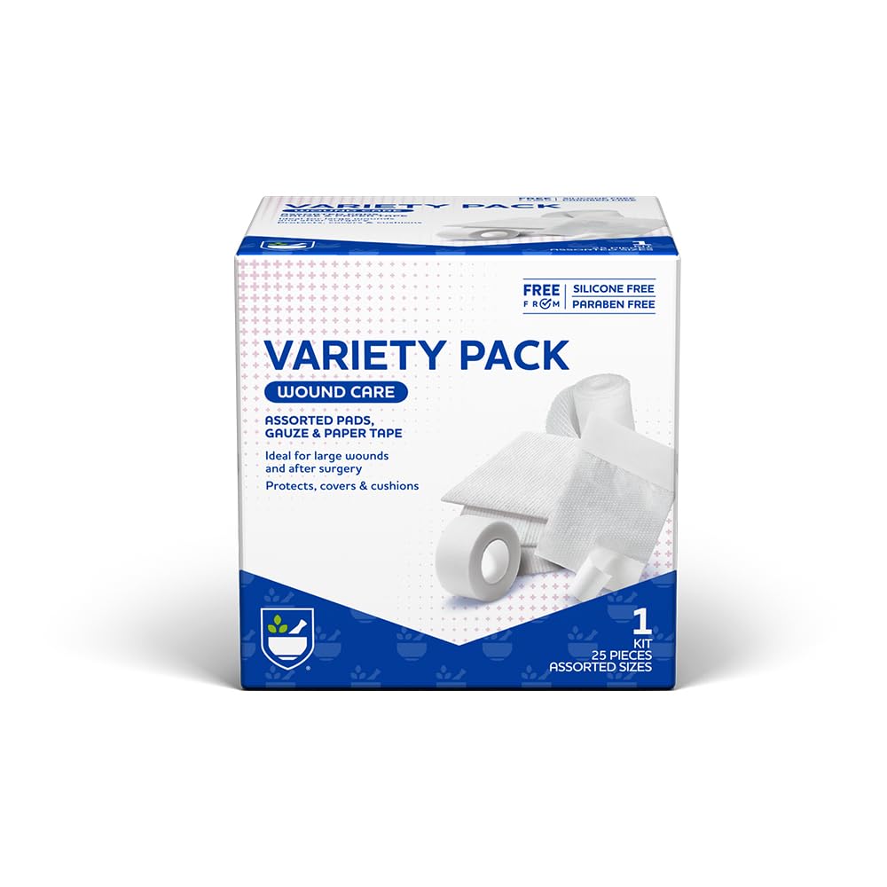 Rite Aid First Aid Gauze Pads, Variety Pack - Enthält 25 verschiedene Gauze Pads & Tape | Sterile Gauze Pads | Erste Hilfe Kit | Wound Care Supplies