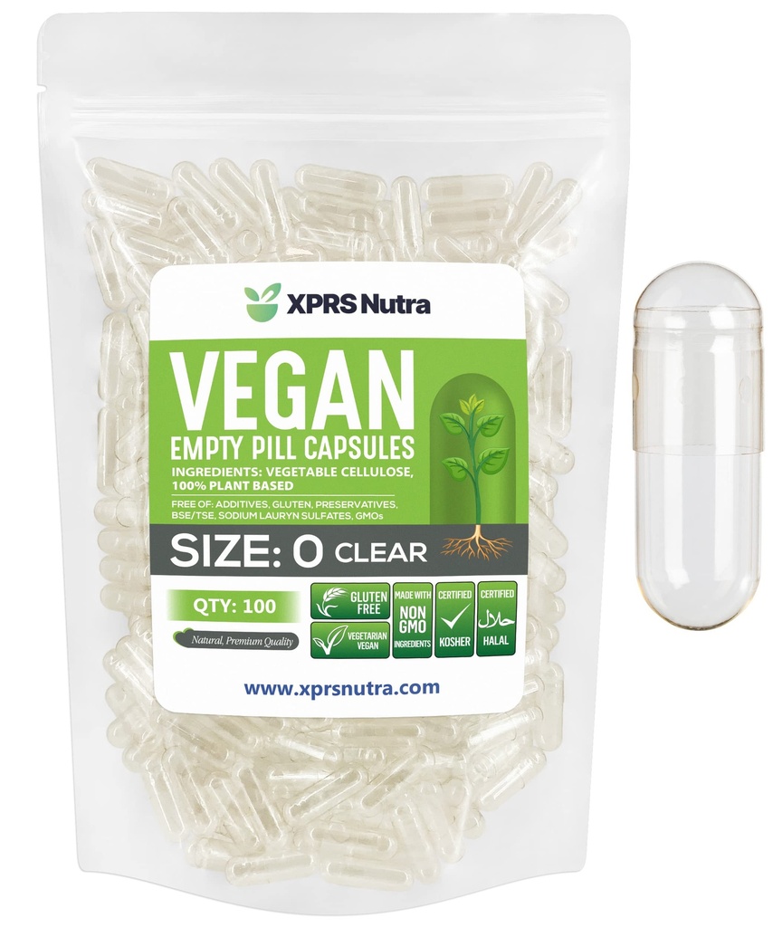 XPRS Nutra Größe 0 Leere Kapseln - 100 Klare Anzahl leere vegane Kapseln - Vegetarische Pille - DIY Gemüse Kapsel Füllung -Veggie Pillen für Do-It-Yourself Ergänzungen