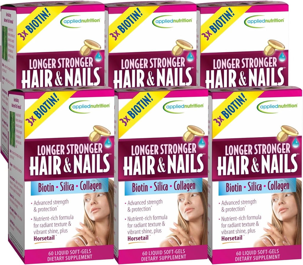 Angewandte Ernährung Längere Stärkere Haare & Nägel - 60 flüssige Soft-Gels, Packung von 6 - Biotin, Silica & Collagen - 180 Servierungen
