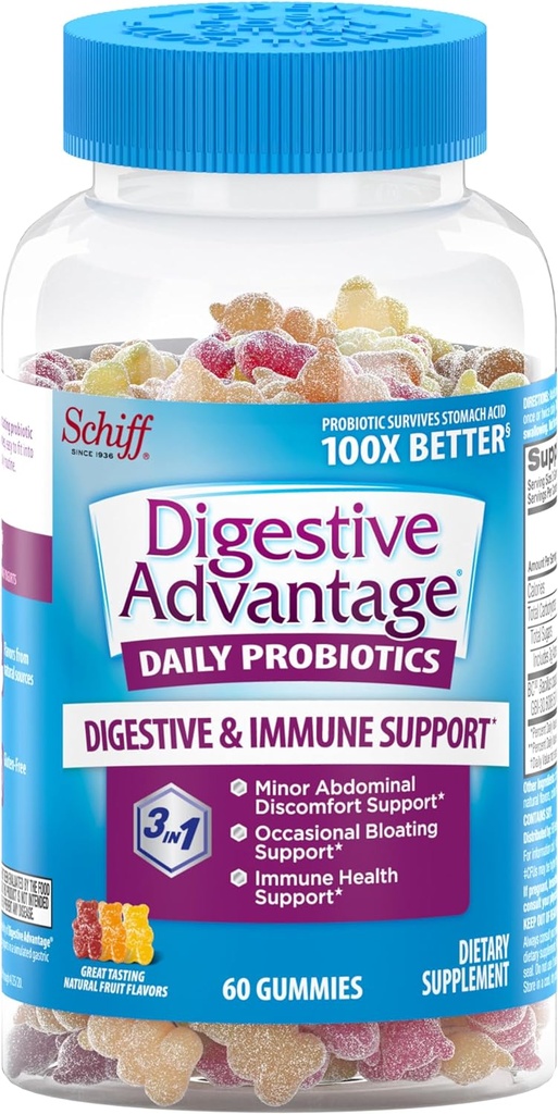 Verdauungsvorteil, Probiotic Gummy für Erwachsene, 60 Gummis, Glutenfrei, Überlebt 100x Besser, sortierte Fruchtgeschmack, Unterstützt Verdauungsgesundheit