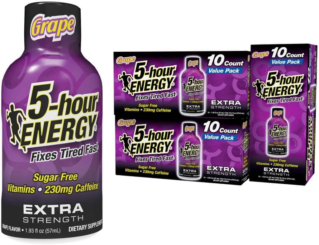 5-stündige ENERGIE Extra Strength Energy Shot, Grape Flavor, 30 Count, 1.93 Unze, Zero Calories & Sugar-Free 230 mg Koffeinierte Energie Shot, Aminosäuren & B Vitamine, Nahrungsergänzungsmittel