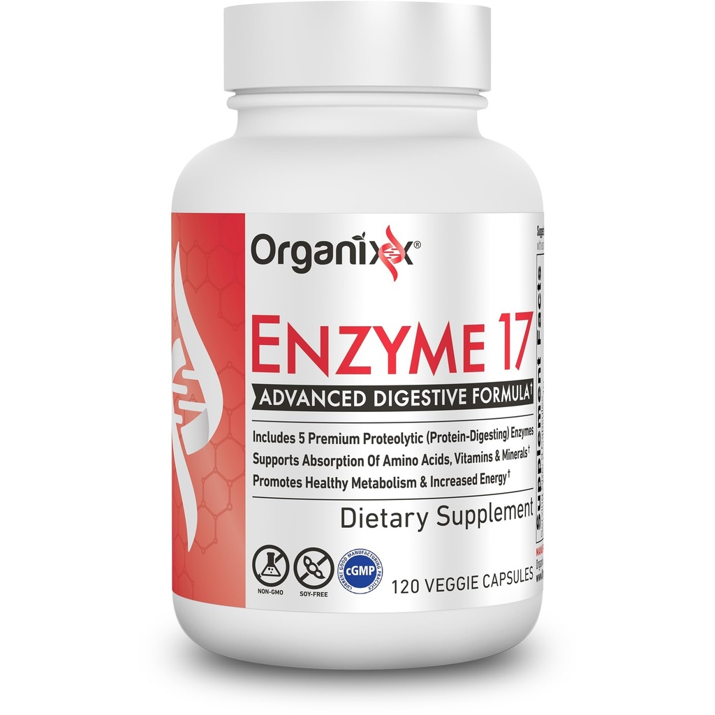 Organixx Enzyme 17 Essential Digestive Enzyme für Frauen & Männer, Für Gut Gesundheit & Optimale Verdauungsgesundheit, Unterstützung für Bloating, Gas, Nährstoffabsorption & Immunität, Vegan, Non GMO, 80 Veggie Kapseln