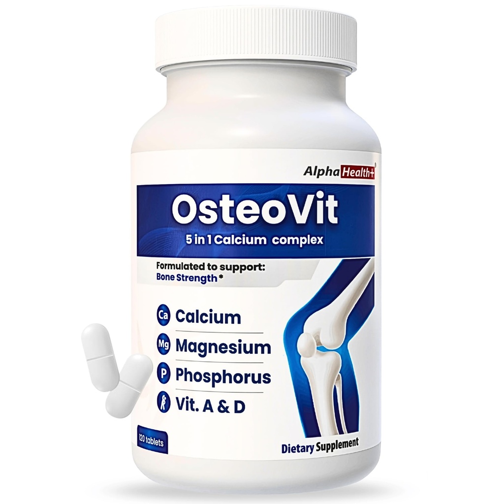 OsteoVit 5-in-1 Kalzium 120 Tabs Multivitamin: Calcium, Magnesium, Phosphor, Vitamin D3 & A - Knochenstärke & Flexibilität*, Non-GMO Gluten Free | Kalziumergänzung für Frauen & Männer mit Vitamin D
