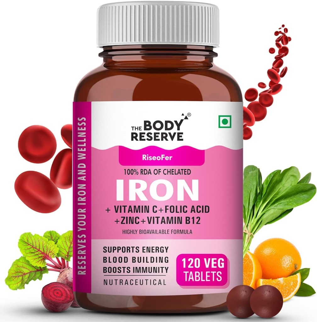 Eisen Plus für Frauen (Plant Based, Chelat Iron, Folic Acid, VIT C, B12, B9, Spinat, Beetroot Extract) - Hohe Absorption, unterstützt Blut Gebäude, Energie & Immunität, 100% RDA, 120 Tablet