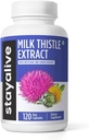 STAY ALIVE Lait Thistle Supplément avec extrait de racine de dandelion et d'artichaut, 80% complexe de silymarin, 120 pilules, 100% poudre d'extrait de feuille d'artichaut pur, capsules à base de plantes sans OGM et sans gluten