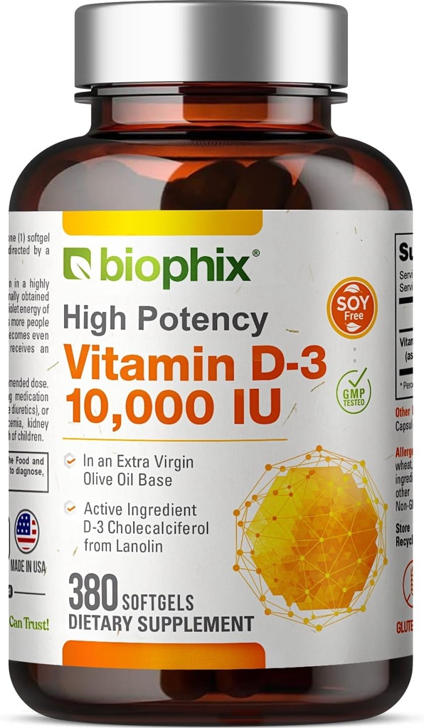 Biophix Vitamin D-3 10000 IU 380 Softgels - hochkarätig in extra Virgin Olivenöl Non-GMO Soy-Free unterstützt starke Knochen Immungesundheit