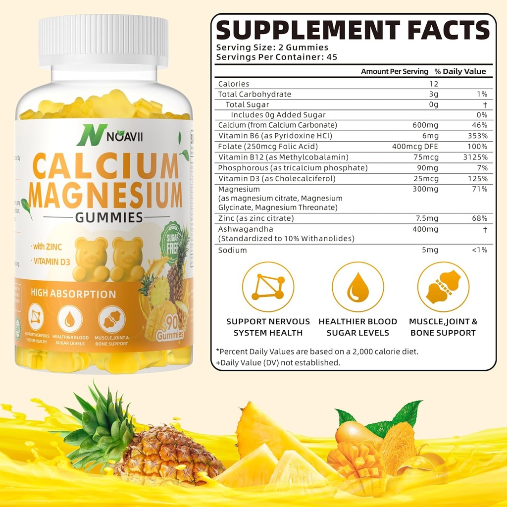 Calcium Magnesium Zink-Gummien mit Vitamin D3, Aschewagandha Ergänzung - Hohe Potenz verbesserte Absorption - Ananas Flavor-90 Count