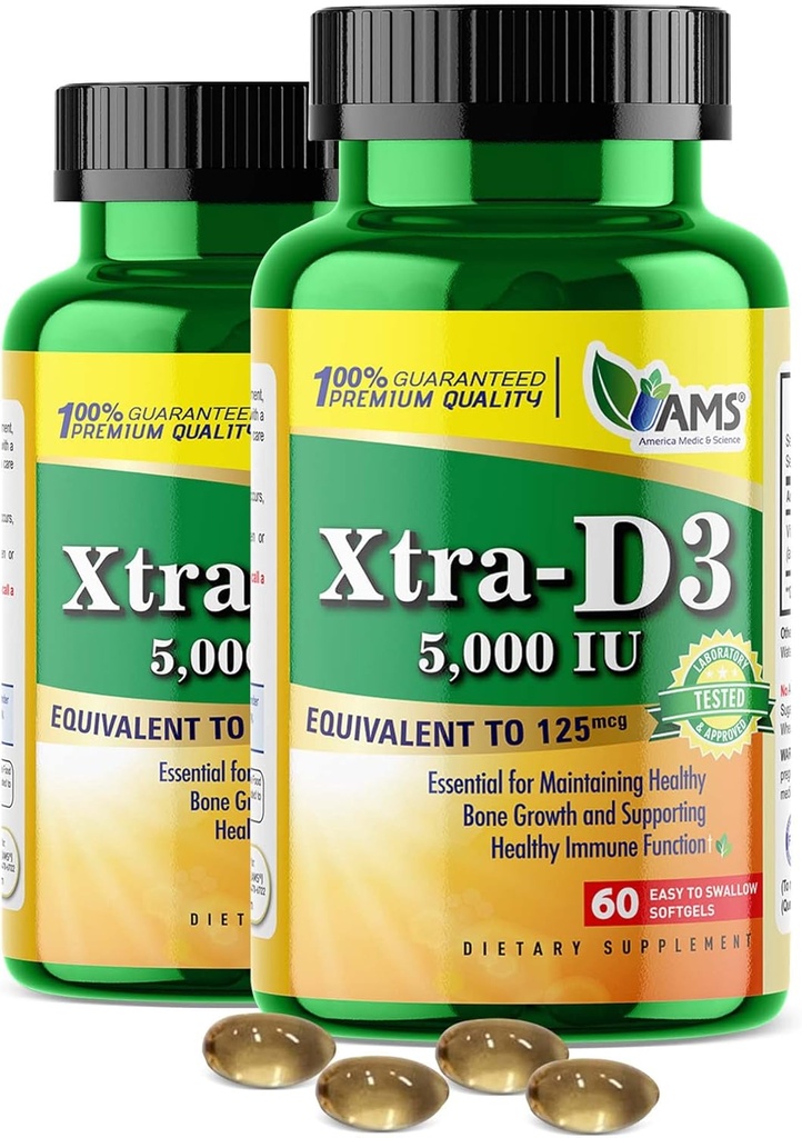 Amerika Medic & Science Xtra D3 Vitamin D 5.000 IU (125 mcg)Cholecalciferol Beilage für Männer & Frauen(120Easy to Swallow Softgels) 2pack|Best für Knochen,Herzgesundheit,Immune Systemunterstützung,Lung Funktion