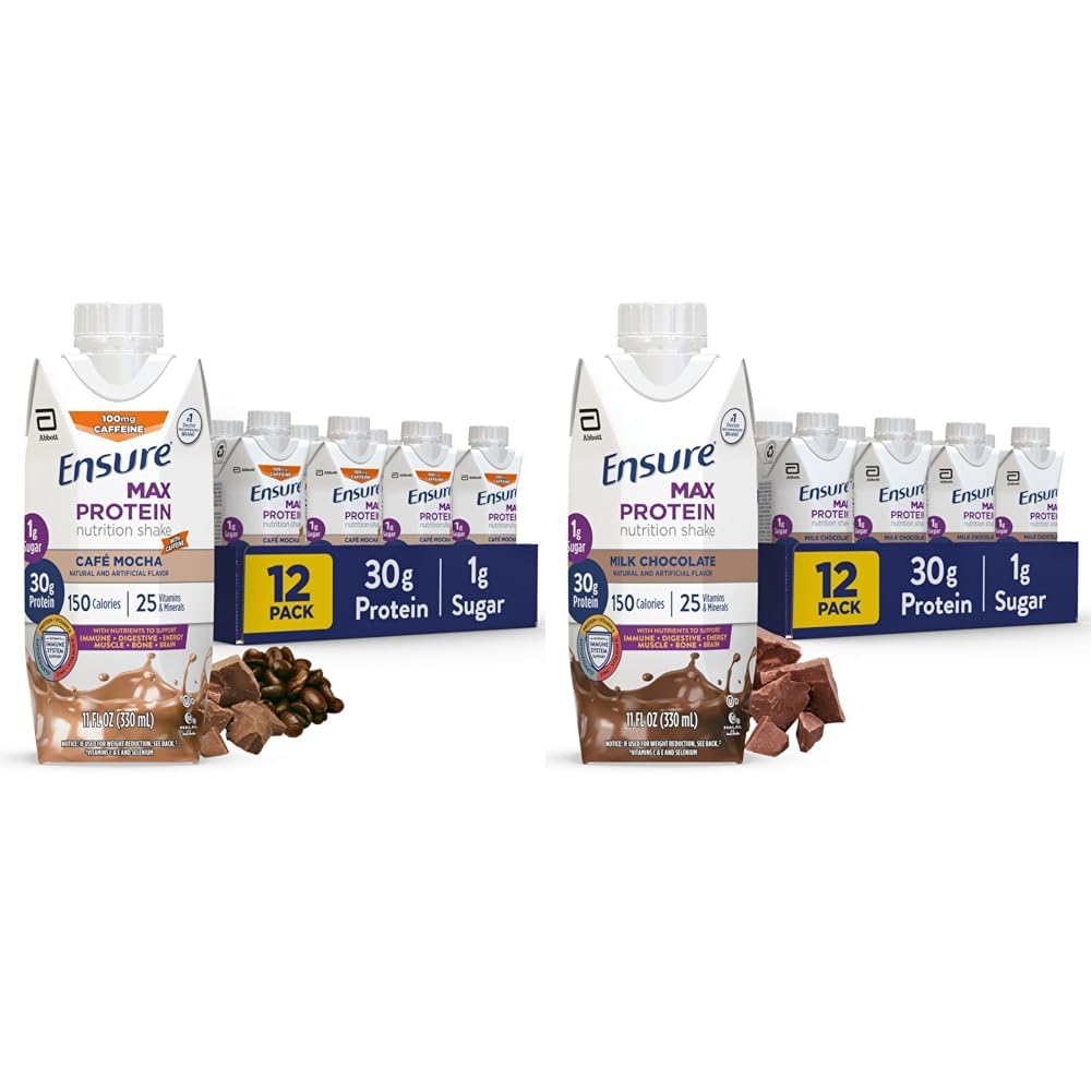 Vergewissern Sie sich Max Protein Nutritional Shake mit 30g Protein, 25 Vitamine & Minerals, 7 Flavors einschließlich Cafe Mocha und Milchschokolade, Packung 12, Glutenfrei
