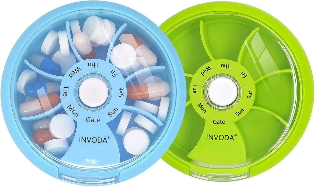 INVODA Weekly Pill Organizer 7 Compartiment Pill Box rotative pour les médicaments quotidiens et les vitamines - Portable Travel Pill Case Suppléments d'huile de poisson Vitamines Organizer (Green+Blue)