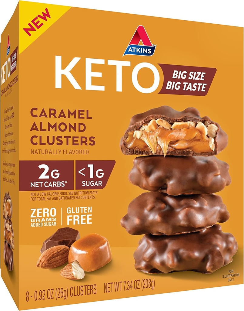Atkins Caramel amandes grappes, sans gluten, haute en fibre, 1g de sucre, 2g de carbure net, Keto Friendly, 8 comte