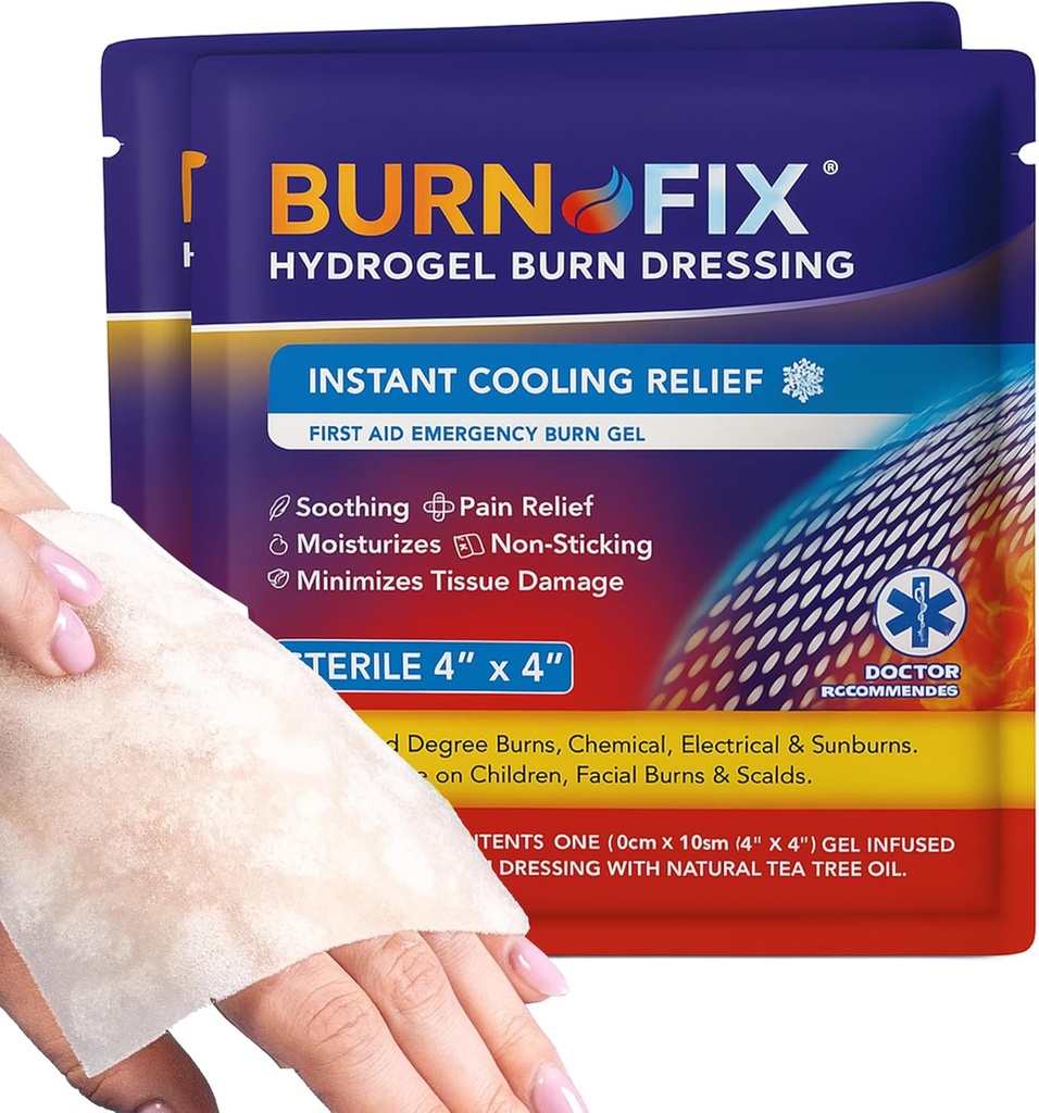 BurnFix® Burn Gel Pads 4x4 Hydrogel Dressing - Heat SinkTM Technologie – Steril mit Teebaumöl – Instant Cooling für Sunburn, Kitchen, Chemical Burns – Non-Stick First Aid, Safe for Face & Kids (2)