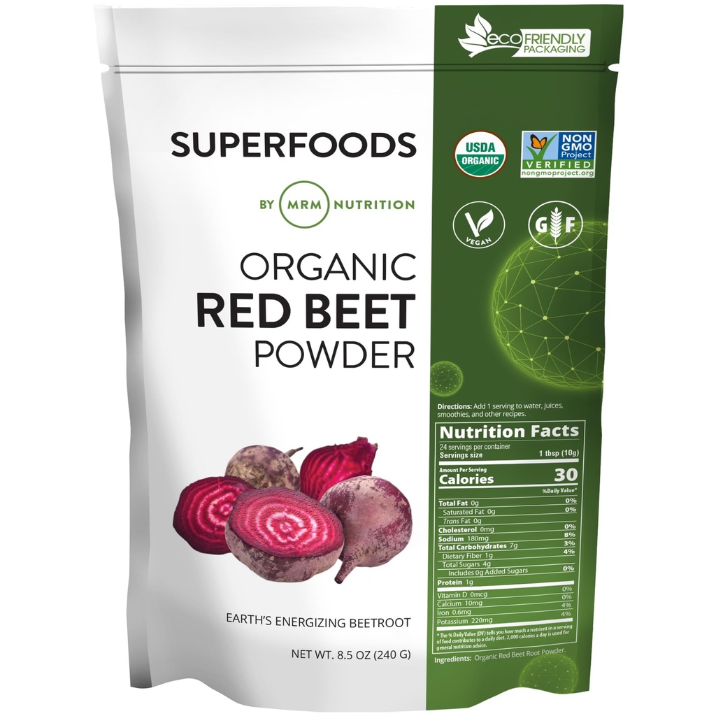 MRM Nutrition Poudre de betteraves rouges organiques Superfoods (en anglais seulement) Énergie (en anglais seulement) Santé cardiovasculaire (en anglais seulement) Densité nutritive (en anglais seulement) Sans gluten + végétalien (en anglais seulement) 24 portions