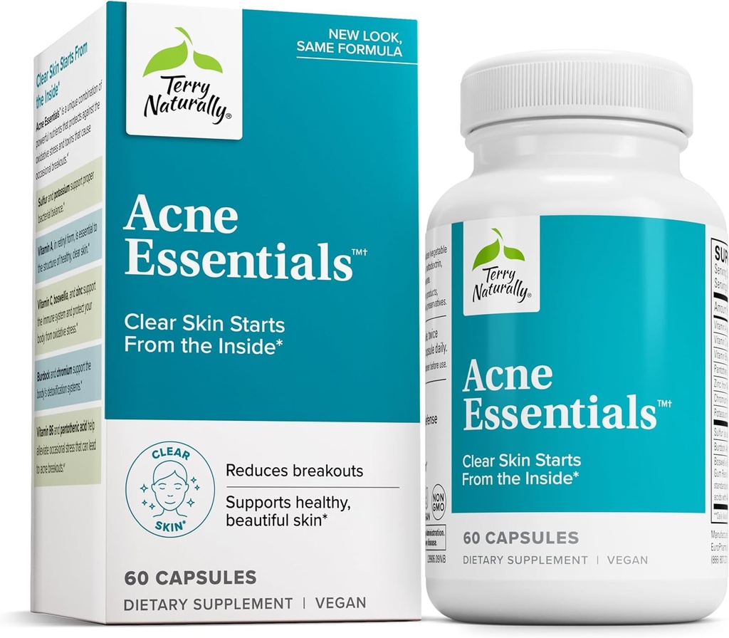 Terry Naturally Acne Essentials - Hautunterstützung für klare Haut - Ergänzung mit Vitaminen A, C & Zink - Hautpflege-Ergänzung für okziale Akne - 60 Kapseln (60 Portionen)