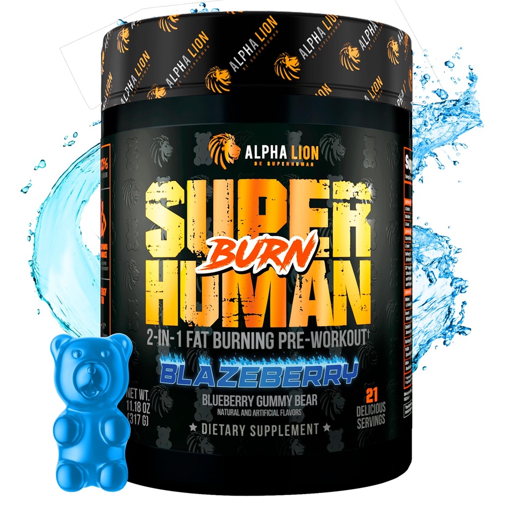 ALPHA LION Superhuman Burn – 2 in 1 Metabolismus Booster Pre Workout und Thermogenic Fat Burner für Männer – Appetit Suppressant und Weight Loss Supplement (21 Servierungen, Blue Gummy Bear Flavor)