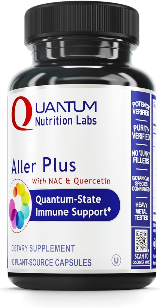 Quantum Nutrition Labs Aller Plus - A Lung Health Supplement with NAC/N-Acetyl Cysteine, Featuring Bromelain, Reishi Mushroom & Quercetin, Immune Support Formula - 90 Vegetarian Capsules