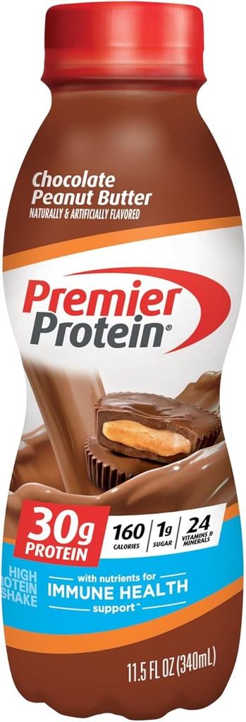 Premier Protein Shake, Chocolate Peanut Butter, 30g Protein, 1g Zucker, 24 Vitamine & Mineralstoffe, Nährstoffe zur Unterstützung Immungesundheit, 11,5 Fl Oz