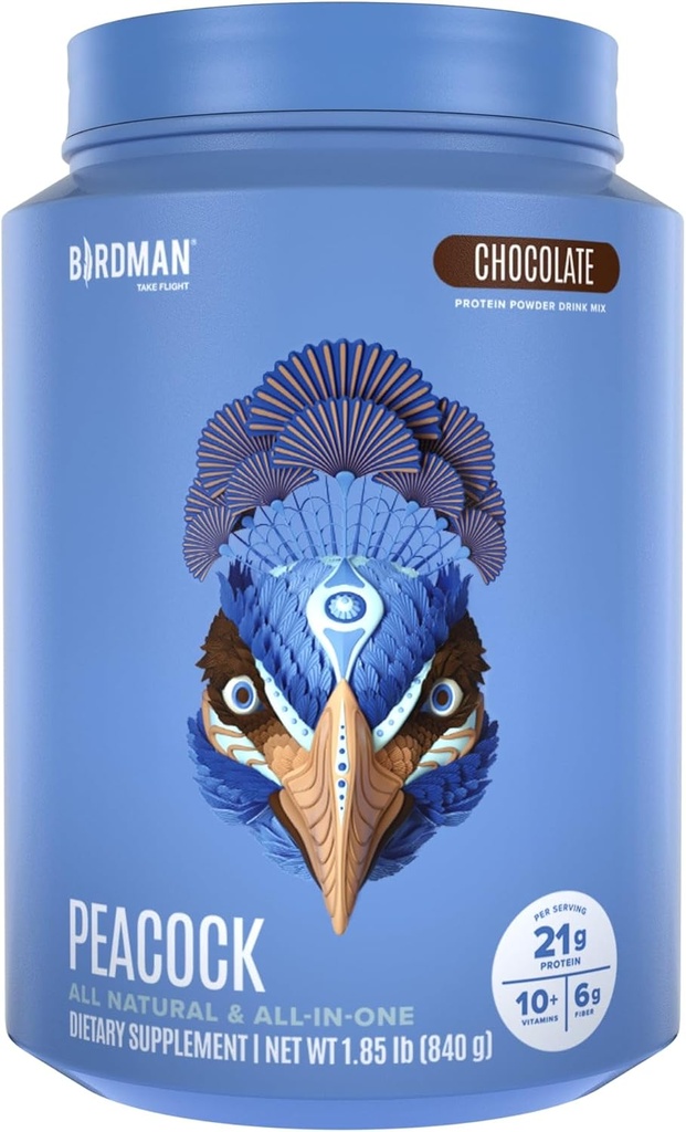 BIRDMAN Peacock Vegan Protein Pulver | Komplette pflanzenbasierte Meal Ersatz Shake mit Magnesium, Vitamin D, MCT Öl | Alle in einer Ergänzung für Männer und Frauen | Glatte Textur | Schokolade Geschmack