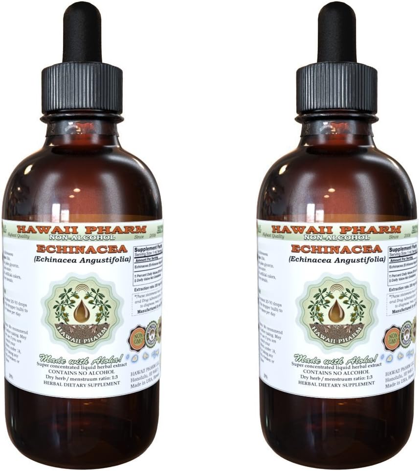 Echinacea Extrait liquide sans alcool, Echinacea (Echinacea Angustifolia) Racine séchée Glycérite Hawaii Pharm Supplément naturel à base de plantes 2x4 oz