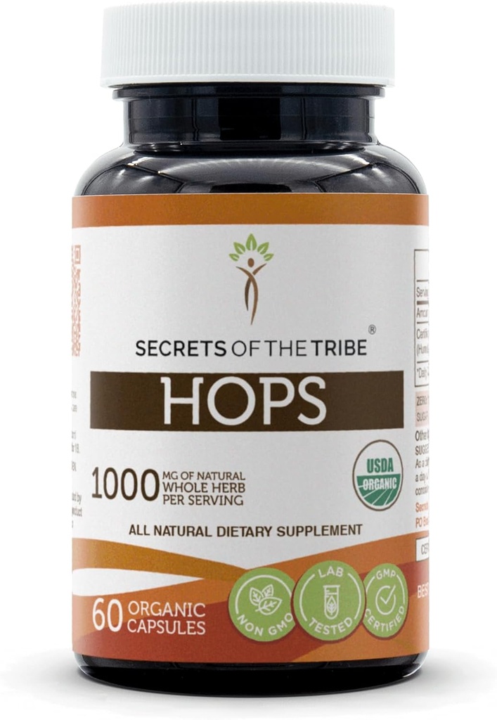 Secrets of the Tribe Hops USDA Organic Capsules | Certified Organic Vegetarische Kapseln, pflanzliche Nahrungsergänzung | Humulus lupulus Getrocknete Blume (60 Count)