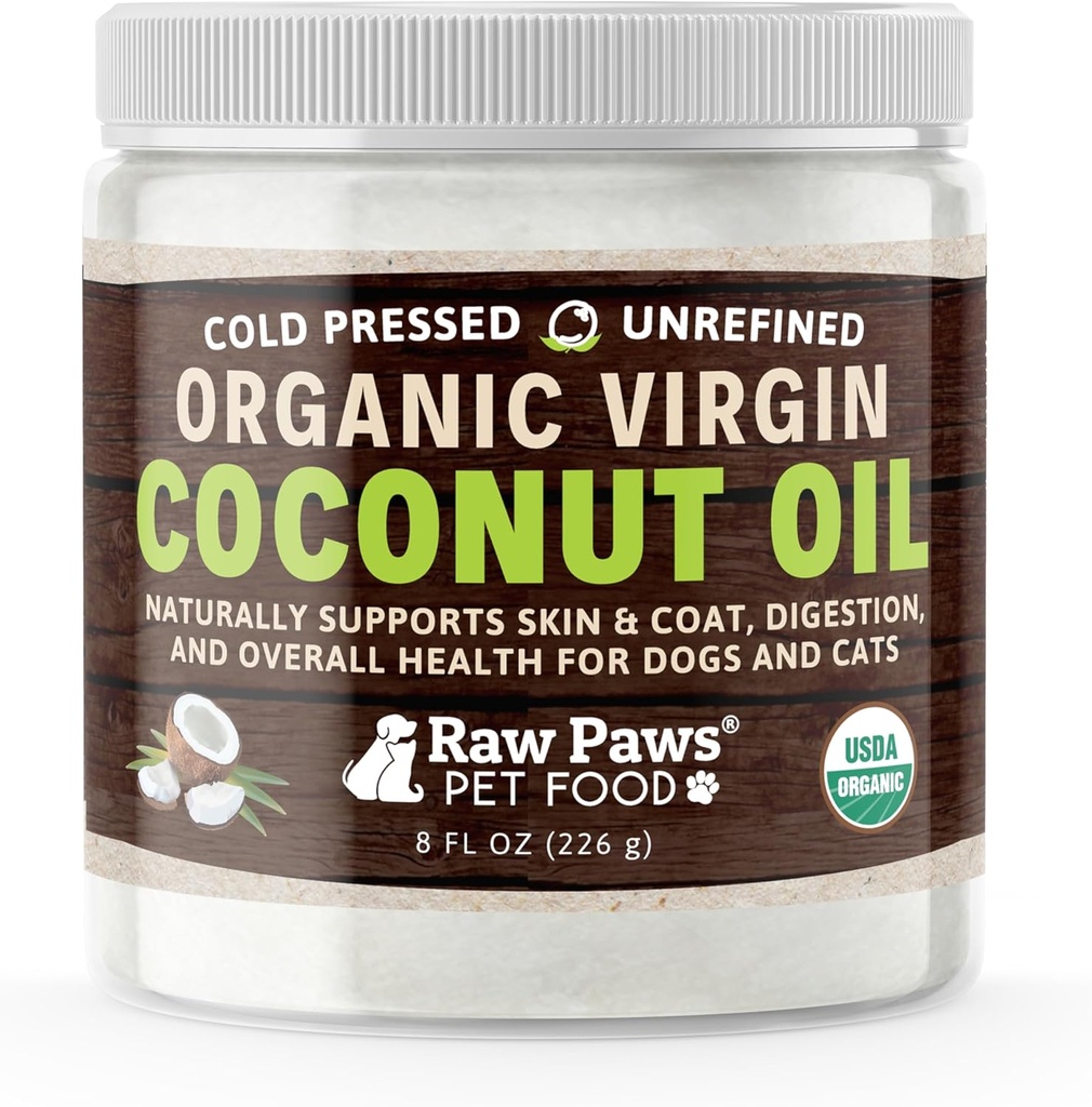 Raw Paws Organic Virgin Coconut Oil für Hunde & Katzen, 8-oz - Unterstützt Immunsystem, Verdauung, Mundgesundheit, Schilddrüse - Alle natürlichen Allergy Relief für Hunde - Hairball Relief