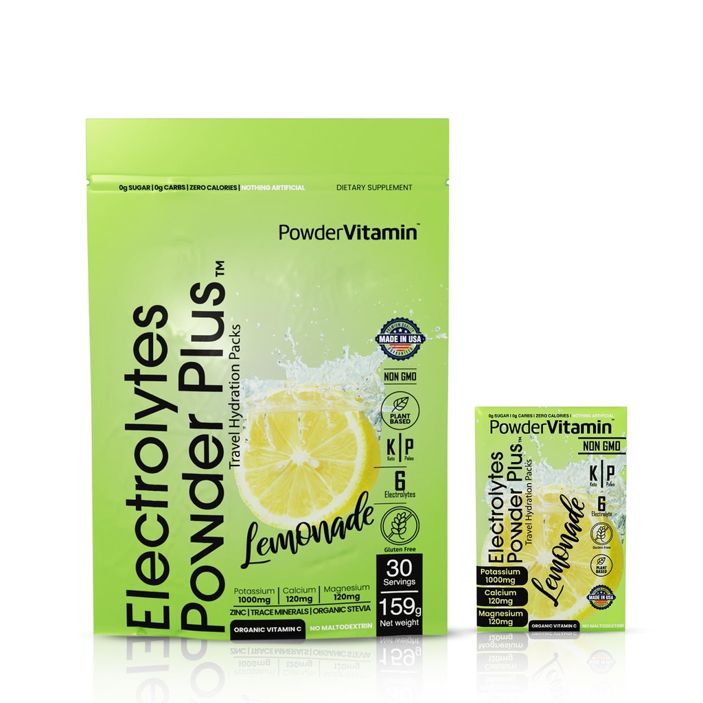 PoudreVitamine Electrolytes Poudre Plus, Keto, Cimonade, Zéro Sucre, 1000mg Potassium, 120mg Calcium, 120mg Magnésium, Non-OGM, Zéro Calories, 30 Packets d'hydratation