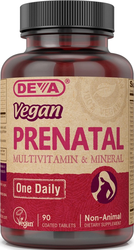 DEVA Multivitamines et suppléments minéraux prénatals véganes - Formule une fois par jour - Complexe Vitamines A, C, D, E, K, B, avec fer fondu et chélaté - 90 comprimés enduits, 1-paquet