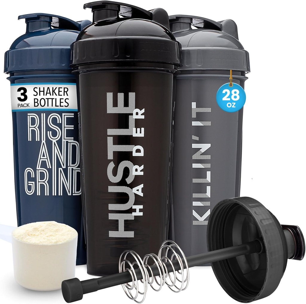 GOMOYO [3-Pack] 28-Ounce Shaker Bottle mit Action-Rod Mixer | Protein Shaker Bottle mit Motivationsnotizen | Shakers für Protein Shakes sind BPA Free und Spülmaschine Safe | Silver, Blue, & Black