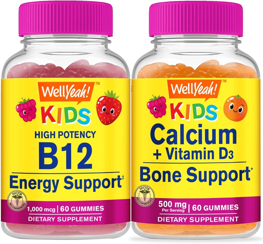 Wellja Vitamin B12 Kinder + Calcium + Vitamin D3 Kinder, Gummis Bundle - Große Verkostung, Vitamin-Ergänzung, Glutenfrei, GMO frei, Kaugummi