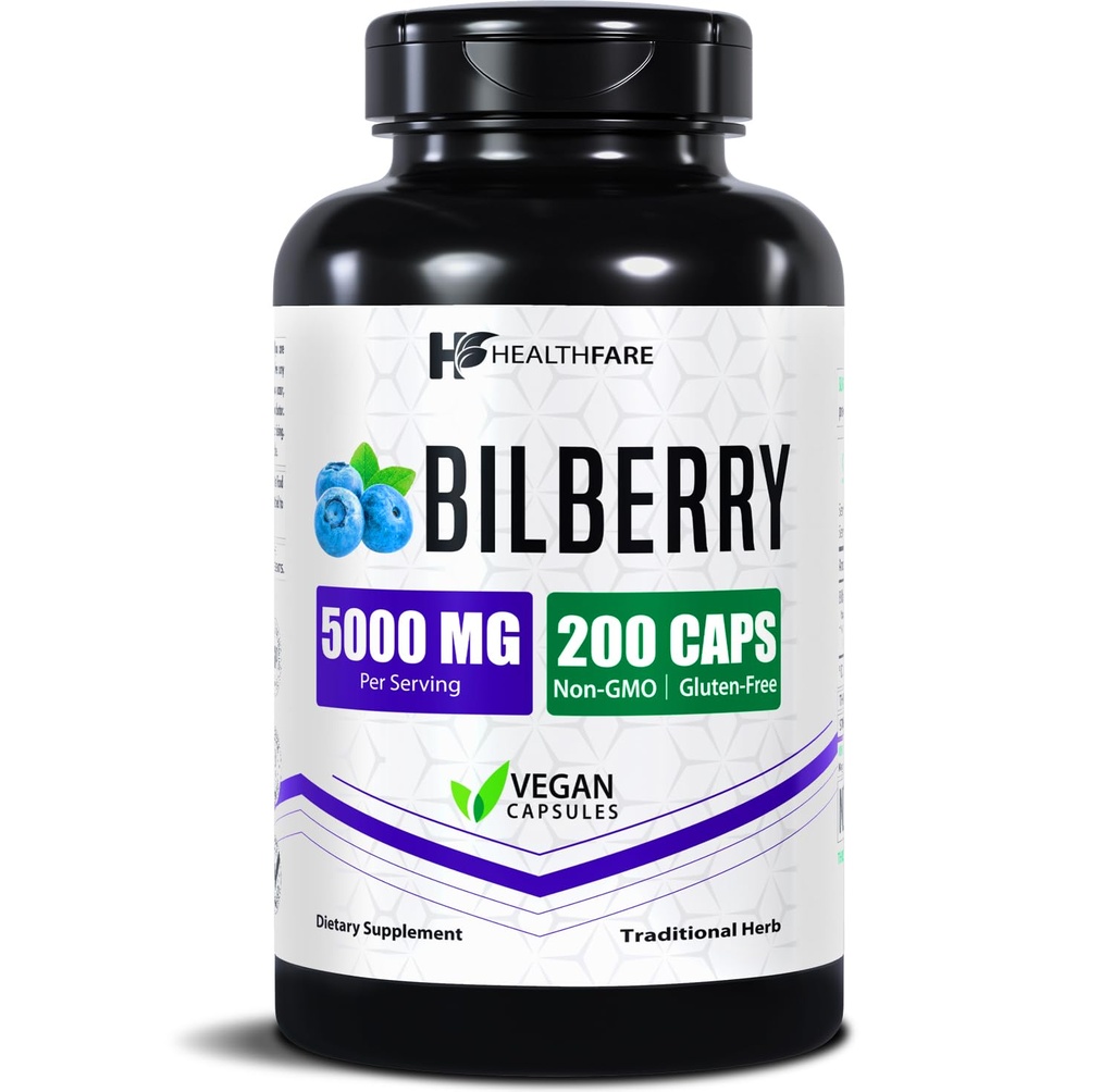 Healthfare Bilberry Ergänzung für Augen | 5000mg Extrakt | Vision & Augengesundheit Unterstützung | Antioxidans Unterstützung | 200 Vegan Kapseln | Extra Stärke | Non-GMO, Gluten-Free | Made in USA