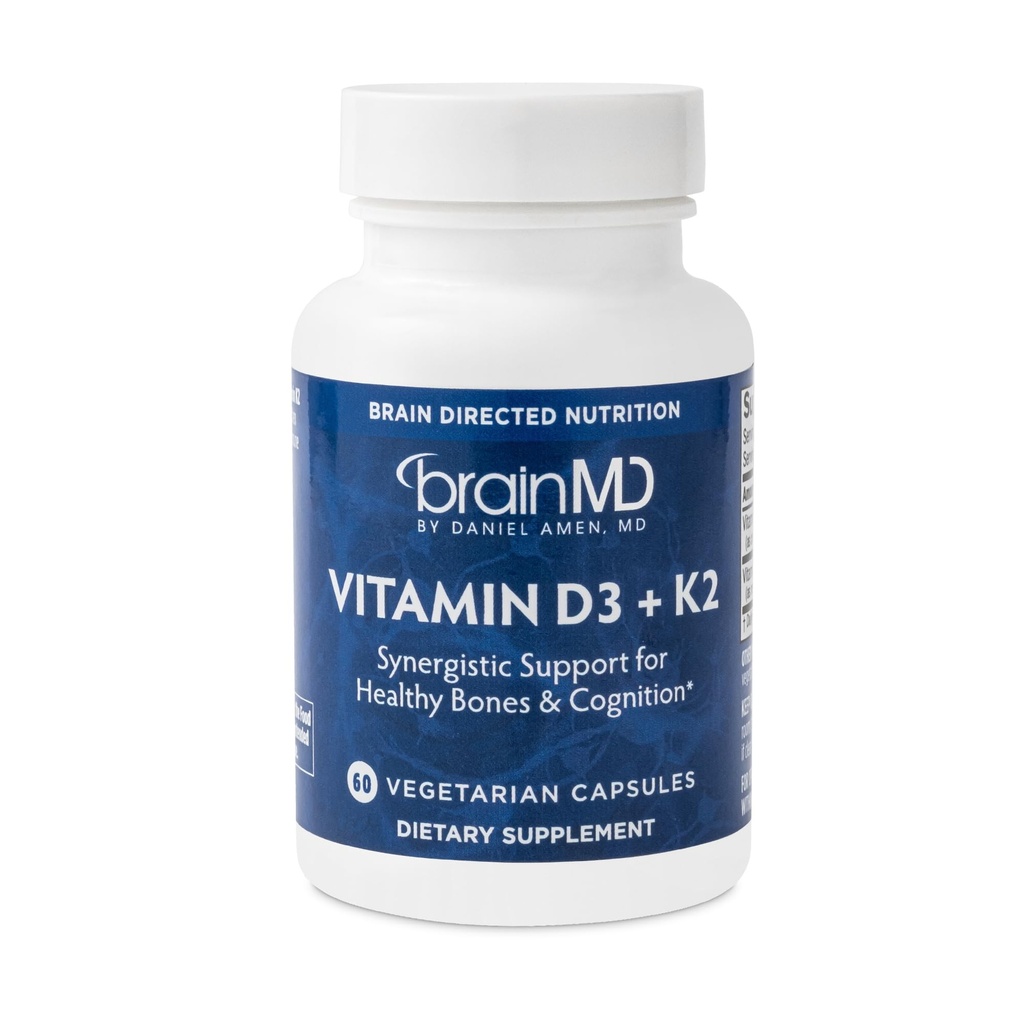 BRAINMD Vitamine D3 + K2-60 Capsules - Soutien synergique pour les os sains et la cognition - Sans gluten - 60 portions