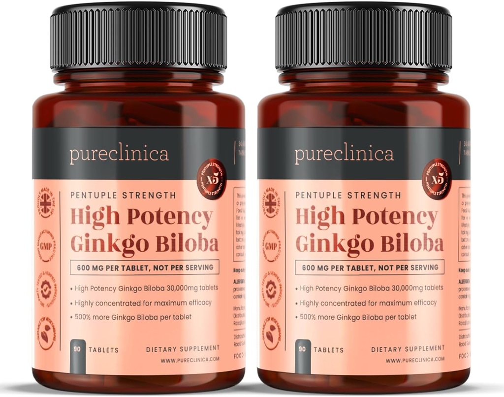 pureclinica High Potency Ginkgo Biloba 30.000mg x 180 Tabletten (2 Flaschen von 90) - 6 Monate Versorgung - 5 mal Stärke der Wettbewerbsprodukte