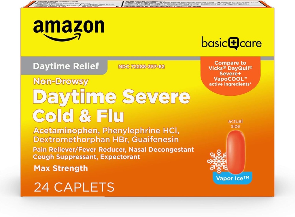 Basic Care Daytime Severe Cold & Flu Relief Caplets, Medikamente für schwere kalte und Flu Symptome wie Kopfschmerzen, Fever, Husten, Chest & Nasal Congestion, Vapor Ice, 24 Count