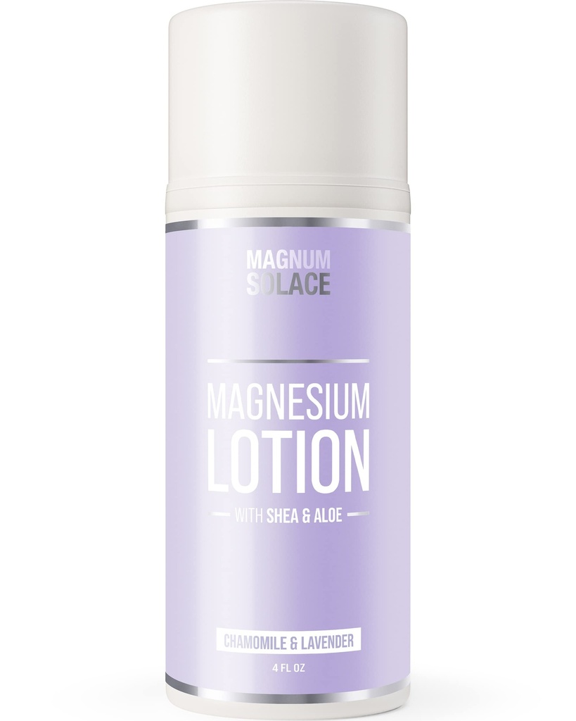 Magnum Solace Lotion Magnésium – Super Concentré – Fabriqué avec Aloe et Shea – Pour les crampes de jambes, les muscles douloureux et les articulations, le rajeunissement – Sûr pour les enfants, Fabriqué aux États-Unis (Chamomile et Lavande)