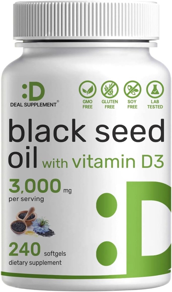DEAL SUPPLEMENT Black Seed Oil, 240 Softgels – Kaltgepresste Nigella Sativa, Natürlich härtende Thymochinon (TQ) – Non-GMO, keine Gluten – Schwarz Cumin Seed Liquid Capsules mit Vitamin D3
