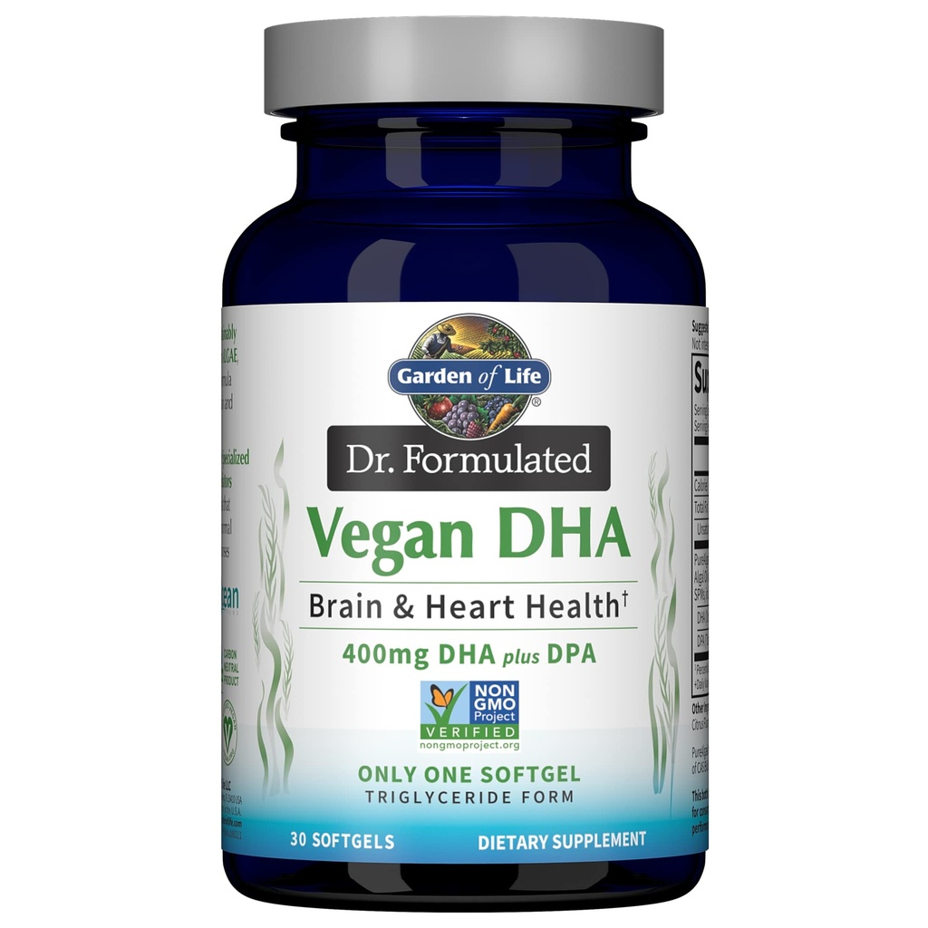 Garten des Lebens Omega 3 Vegan DHA Ergänzungen Dr. Formulierte Vegan DHA, 400mg DHA & 90mg DPA in Triglycerid Form aus einer einzigen Quelle, Omega 3 Ergänzung für Frauen und Männer Gesundheit, 30 Softgels