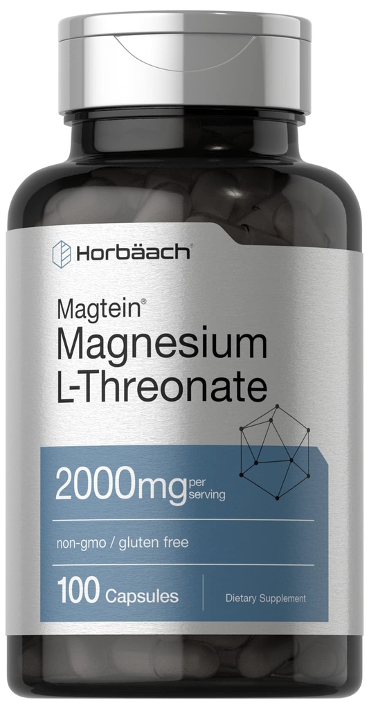 Horbäach Magtein Magnesium L-Threonate | 2000mg Supplement | 100 Kapseln | für Männer & Frauen | Non-GMO und Gluten kostenlos