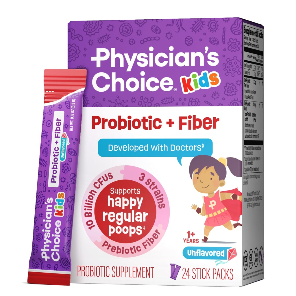 Choix du médecin Enfants Probiotiques + Packets de fibre prébiotiques (Age 1+) - Soutient la régularité, la constipation occasionnelle et un système digestif sain - Pas d'allergènes ou de conservateurs - Non aromatisé - 24 Pack