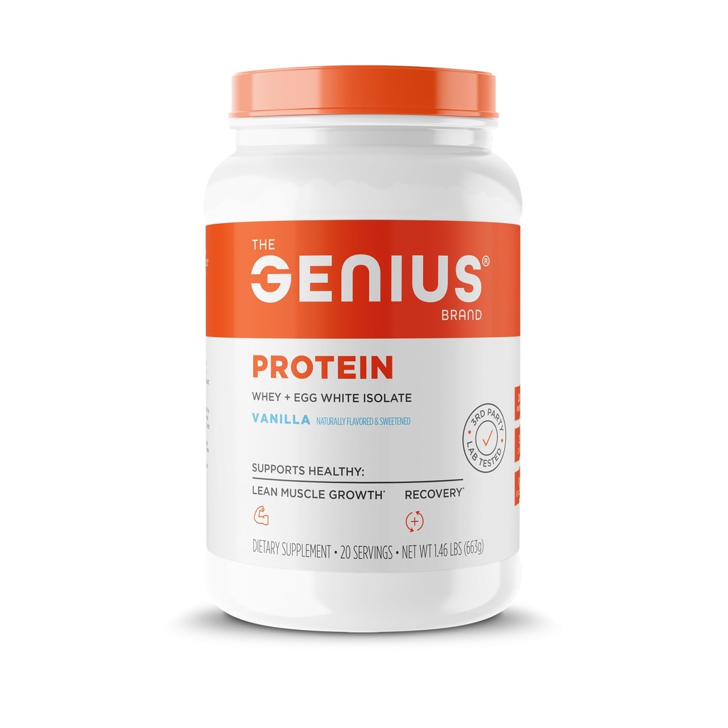 Genius Protein Powder, Vanilla - Dual Protein Blend mit verbesserter Whey Isolate & Natural Egg White für Lean Muscle Building für Männer & Frauen - Grass-Fed Pre & Post Workout Meal Ersatz Shake