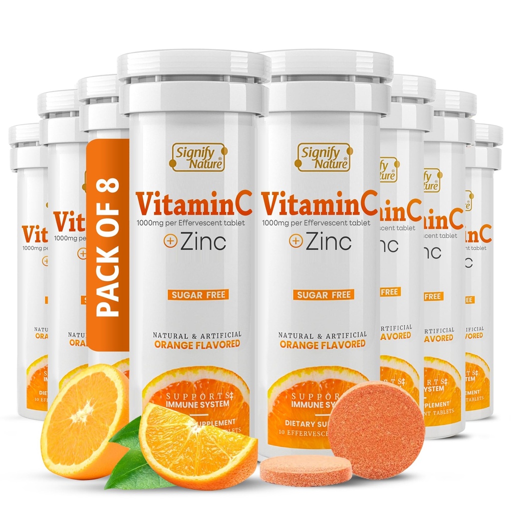 SIGNIFY NATURE Vitamine C 1000mg Comprimés effervescents - Potent Immune Support VIT C avec supplément de zinc - Sans sucre et formule végétalienne