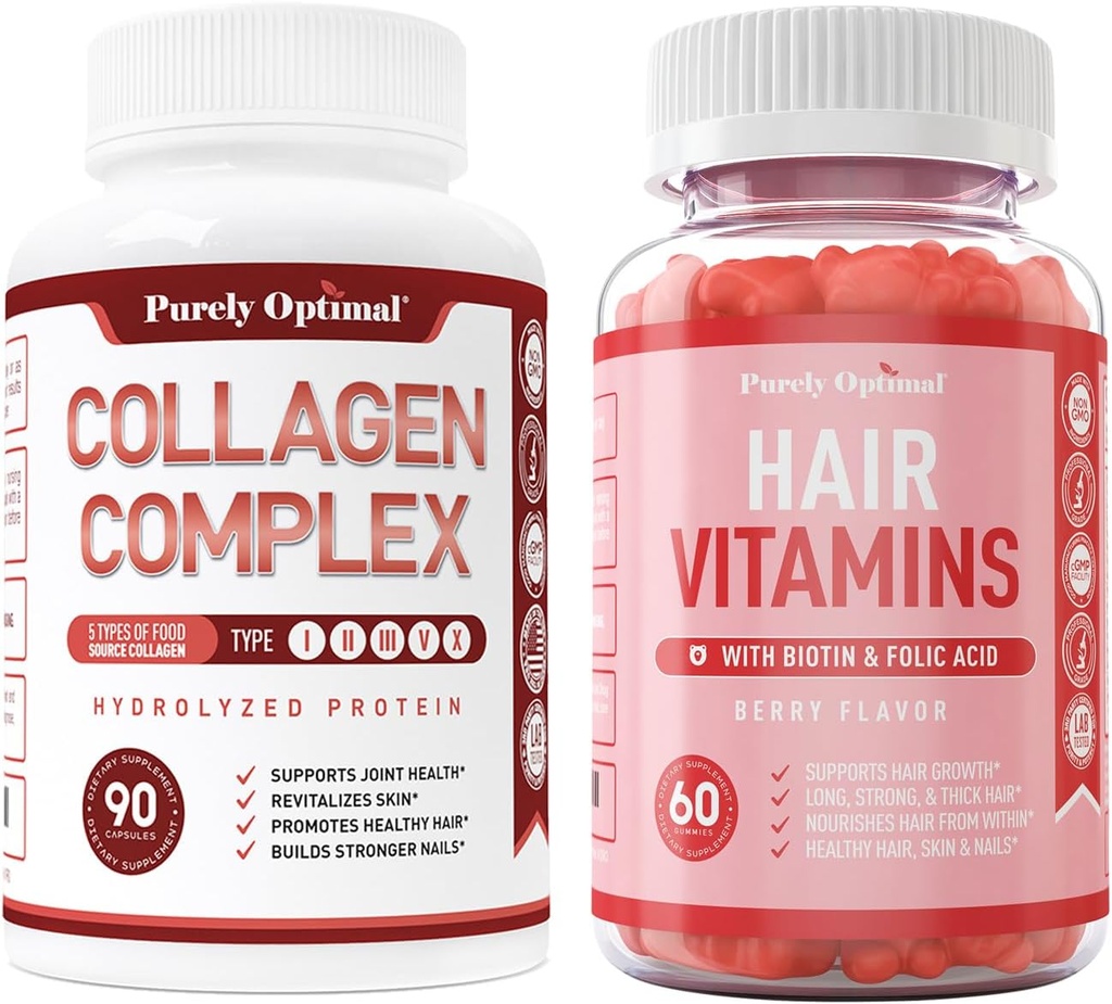 Rein Optimale Premium Multi Collagen Peptide Kapseln (Typen I, II, III, V, X) + Premium Hair Vitamins Supplement-Gummy Vitamine w/Biotin, Folsäure, Vitamine A&D