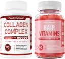 Capsules de Peptides Multi Collagènes Purely Optimal Premium (Types I, II, III, V, X) + Supplément de Vitamines capillaires Premium-Vitamines gommées avec/Biotine, Acide Folique, Vitamines A et D